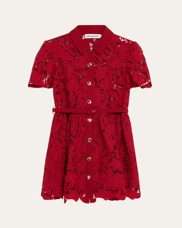 Belted Floral Lace Mini Shirtdress